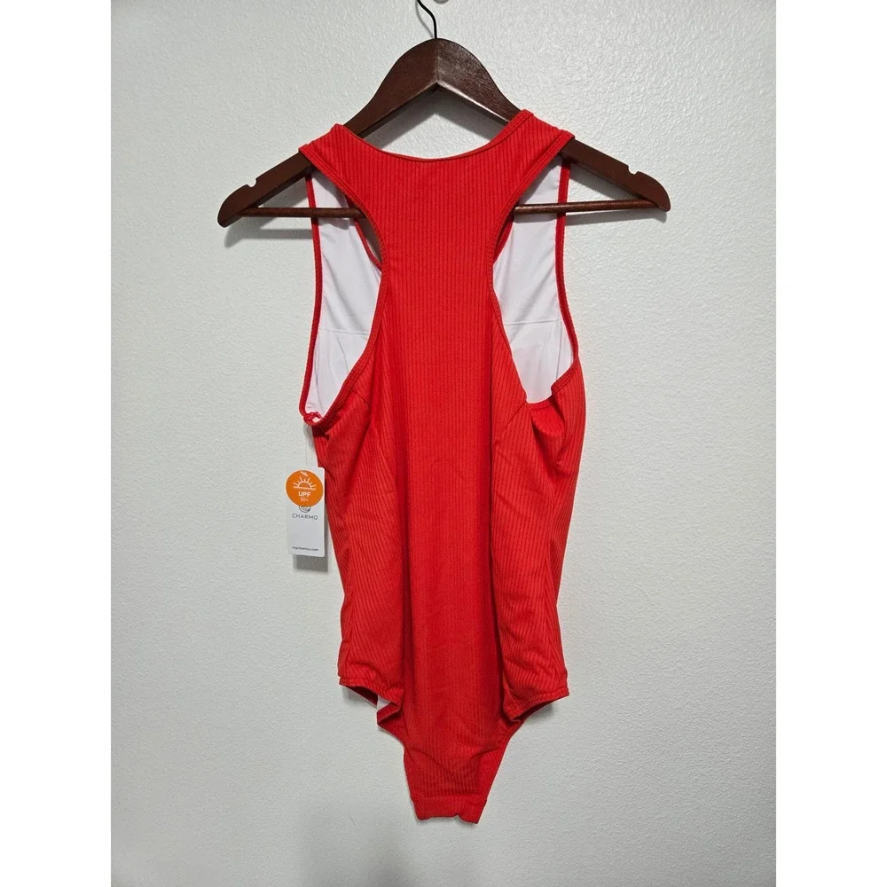 Charmo‎ Womens One Piece Swimsuit Red Ribbed Henley UPF 50+ Racerback Size M